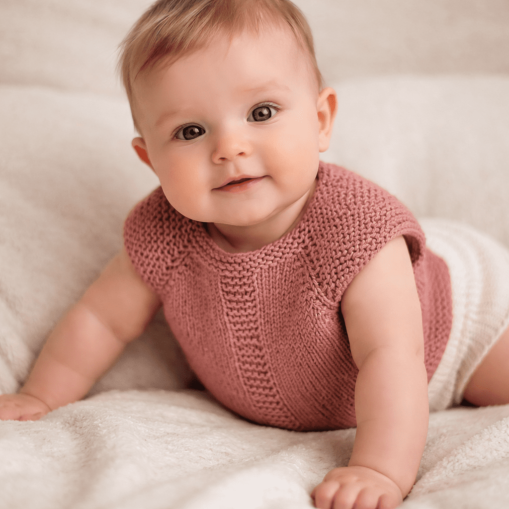Baby med lys hår og strikket top